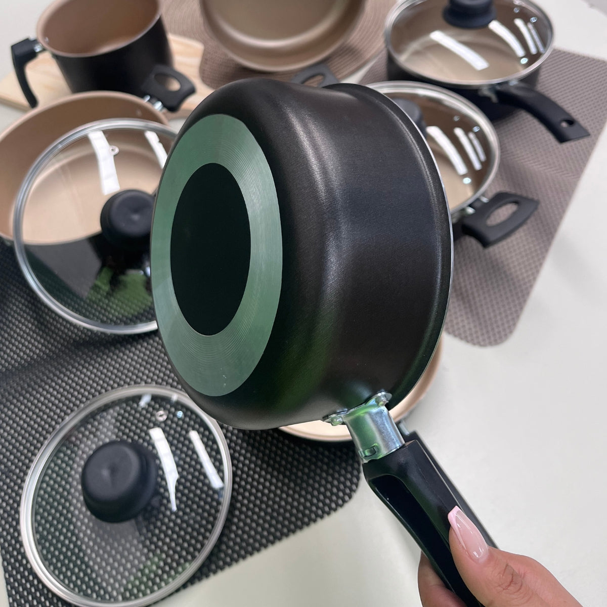 Jogo de Panelas Antiaderente 10 Peças - Preto com Bege