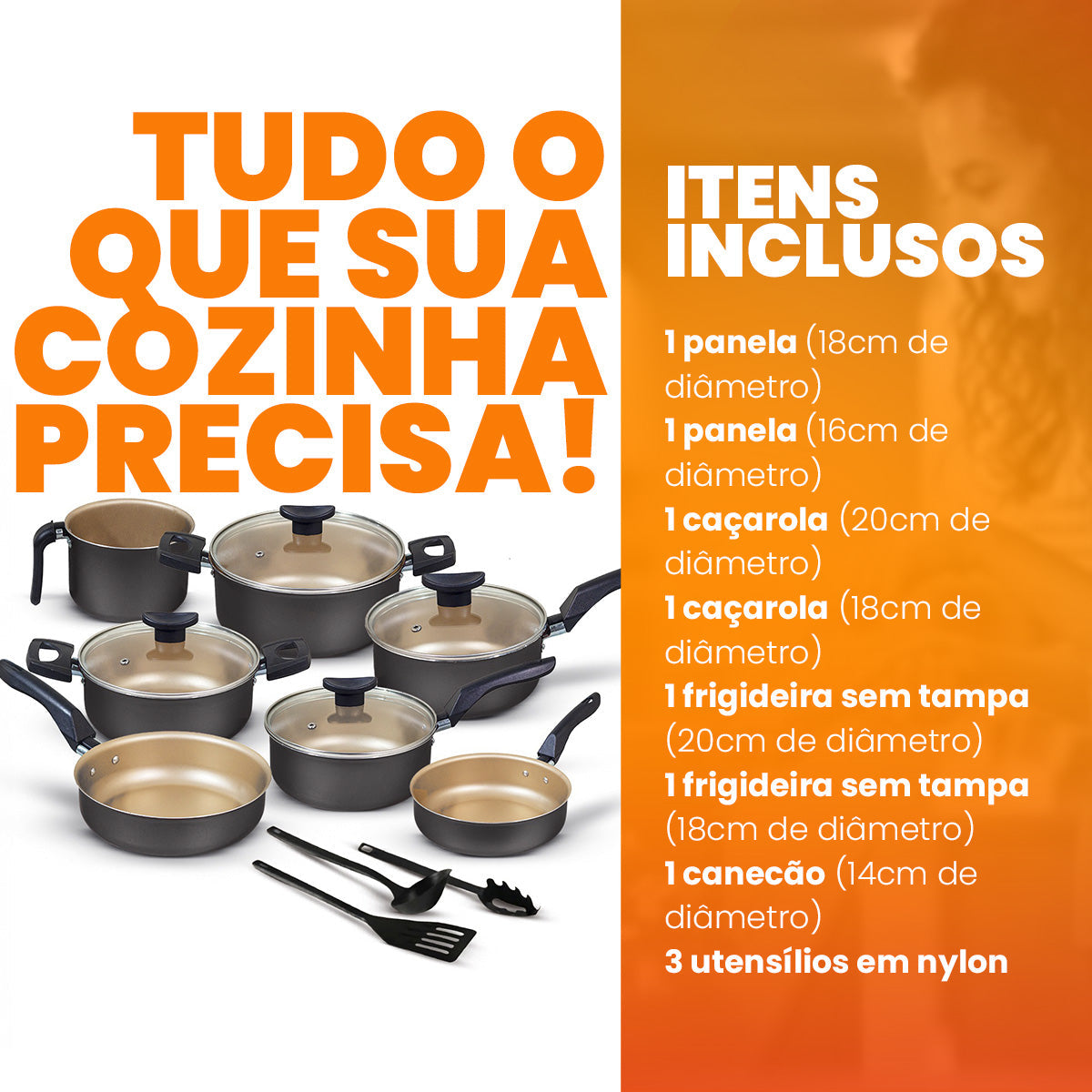 Jogo de Panelas Antiaderente 10 Peças - Preto com Bege