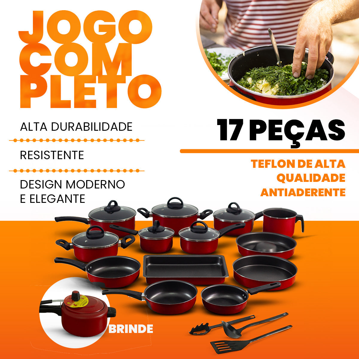 Conjunto De Panelas Antiaderente 17 Peças  - Vermelho