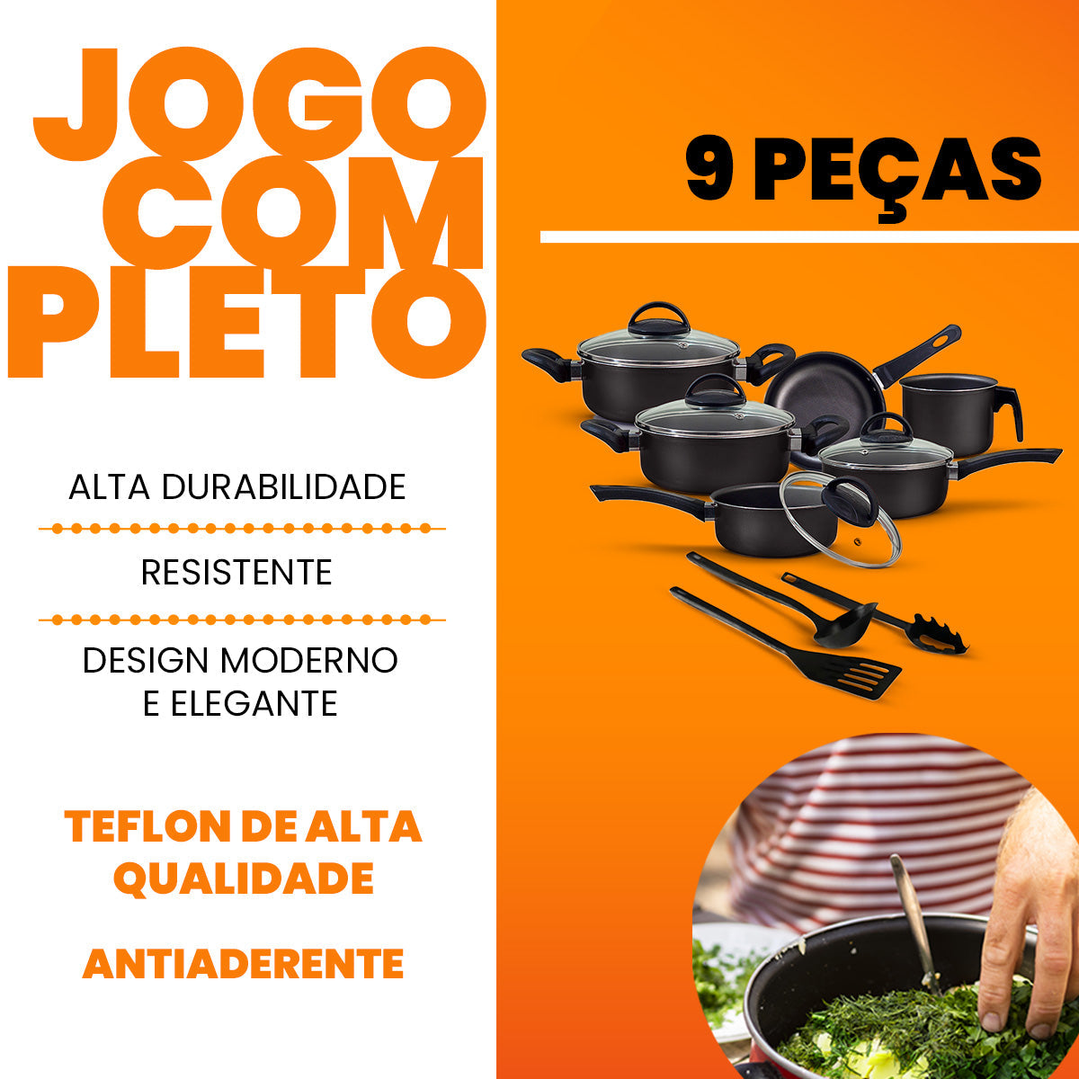 Jogo de Panelas Antiaderente 9 Peças - Preto