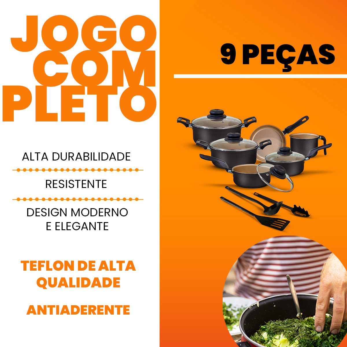 Jogo de Panelas Antiaderente 9 Peças - Preto com Bege