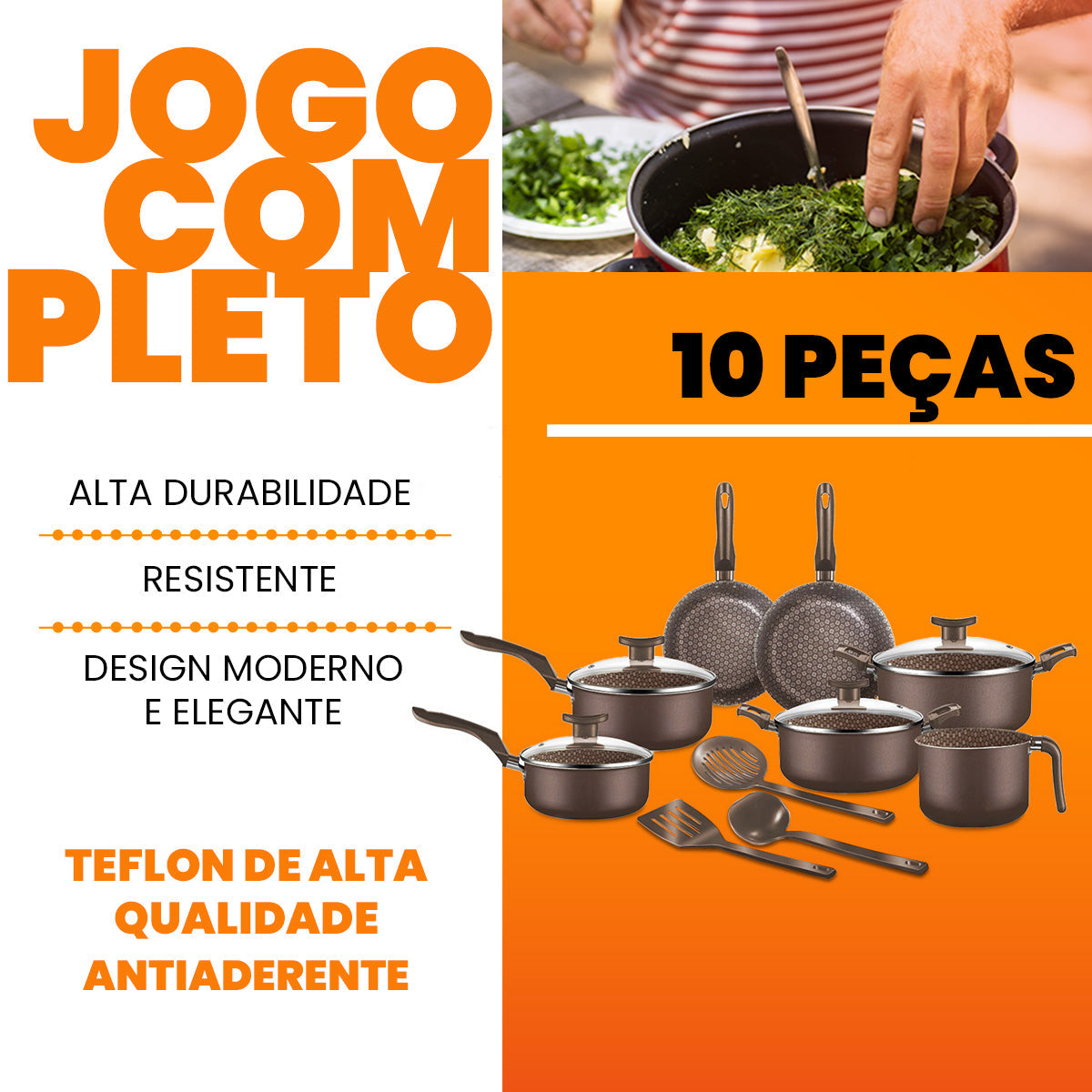 Conjunto Panelas Antiaderente 10 Peças Prime Alumínio - Marrom Escuro