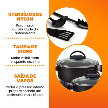 Jogo de Panelas Antiaderente 9 Peças - Preto