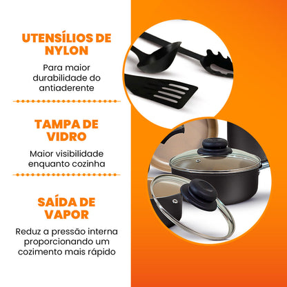 Jogo de Panelas Antiaderente 9 Peças - Preto com Bege