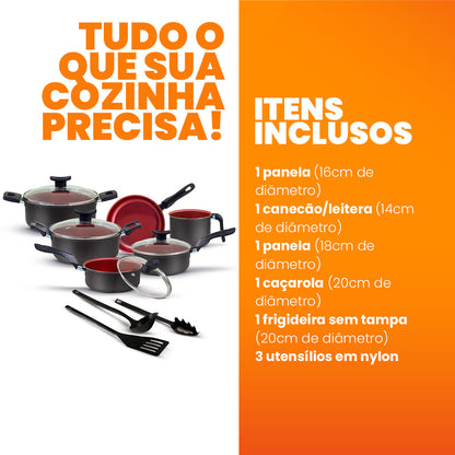 Jogo de Panelas Antiaderente 9 Peças - Preto com Cereja