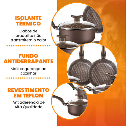Conjunto Panelas Antiaderente 10 Peças Prime Alumínio - Marrom Escuro