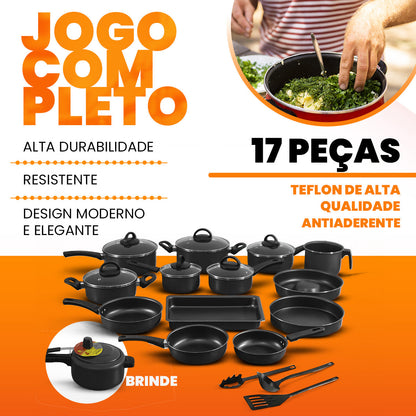 Conjunto De Panelas Antiaderente 17 Peças  - Preto