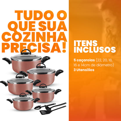 Jogo De Panelas 5 Peças Antiaderentes  - Rosé