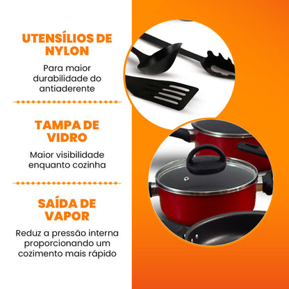 Conjunto De Panelas Antiaderente 17 Peças  - Vermelho