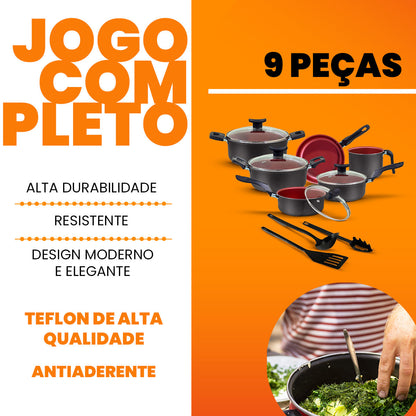 Jogo de Panelas Antiaderente 9 Peças - Preto com Cereja