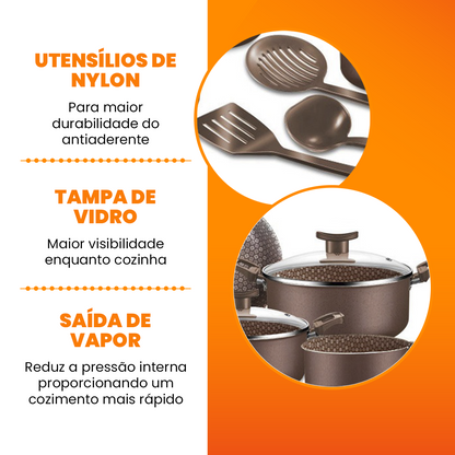 Conjunto Panelas Antiaderente 10 Peças Prime Alumínio - Marrom Escuro