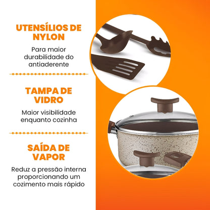 Jogo de Panelas Antiaderente 10 Peças - Linha Coffee - Cappuccino