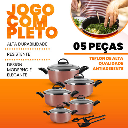 Jogo De Panelas 5 Peças Antiaderentes  - Rosé