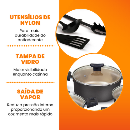 Jogo de Panelas Antiaderente 10 Peças - Preto com Bege