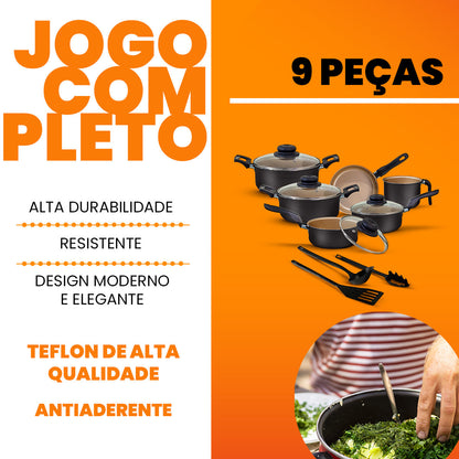 Jogo de Panelas Antiaderente 9 Peças - Preto com Bege