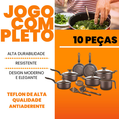 Conjunto Panelas Antiaderente 10 Peças Prime Alumínio - Marrom Escuro