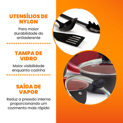 Jogo de Panelas Antiaderente 9 Peças - Preto com Cereja