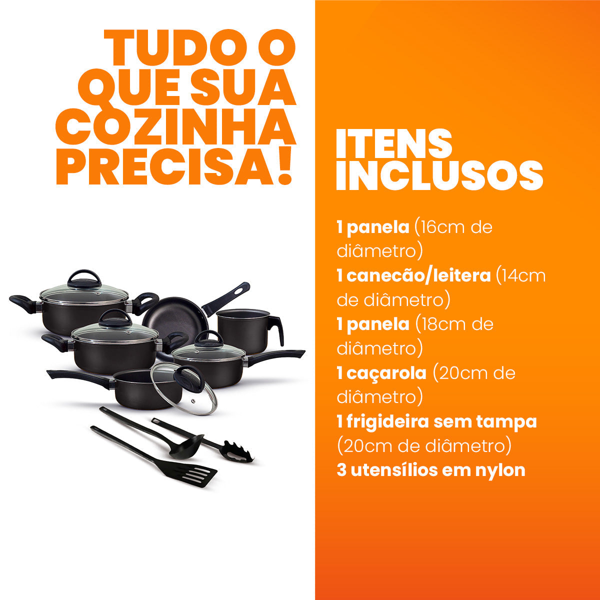 Jogo de Panelas Antiaderente 9 Peças - Preto