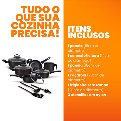 Jogo de Panelas Antiaderente 9 Peças - Preto